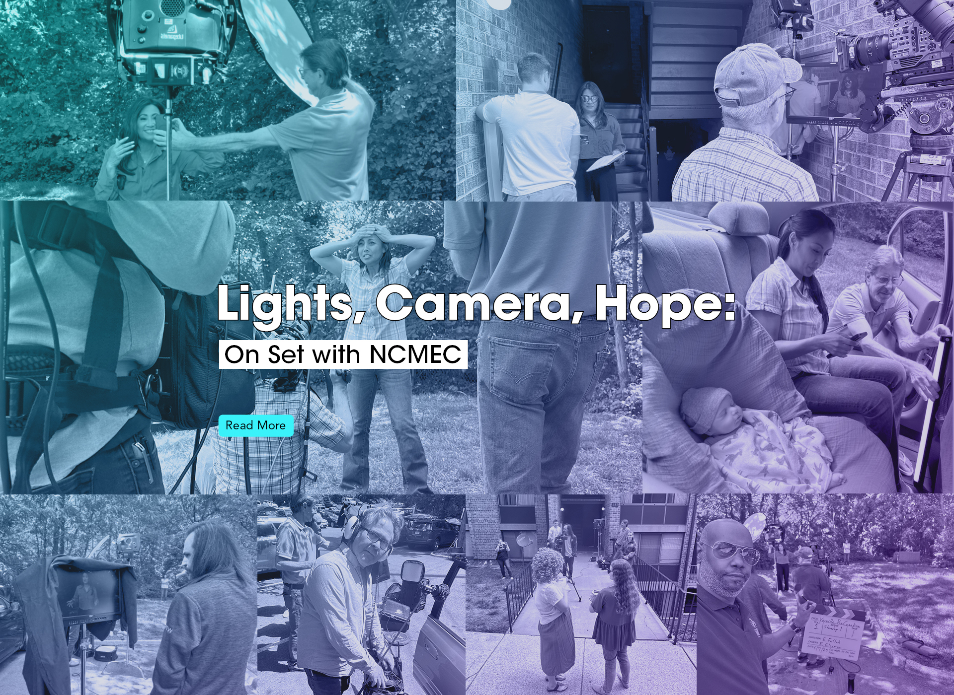 cool tones (blue, purple) of collage of working on set with ncmec